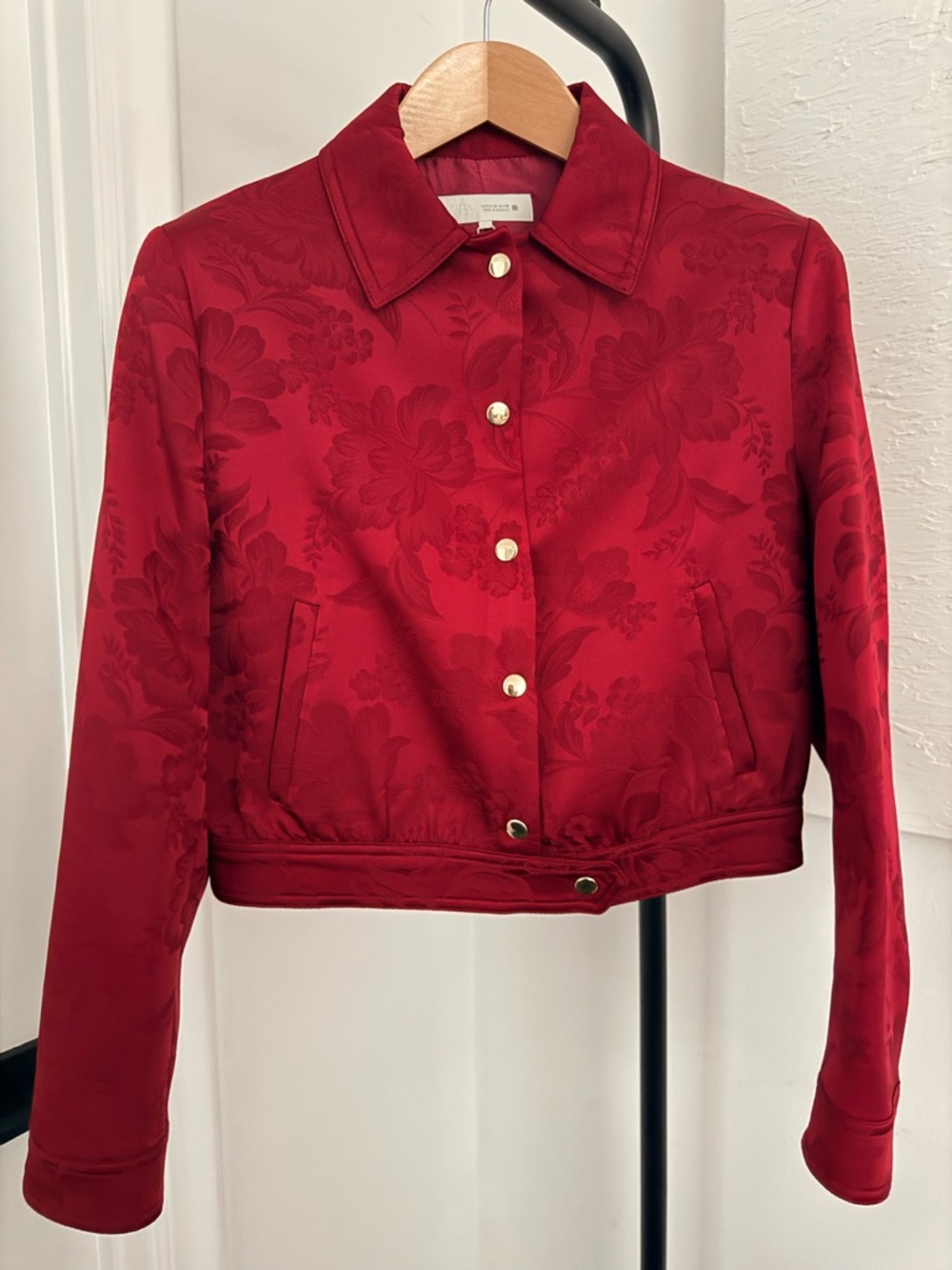 Zara Red Floral Waist Length Jacket with Gold Buttons